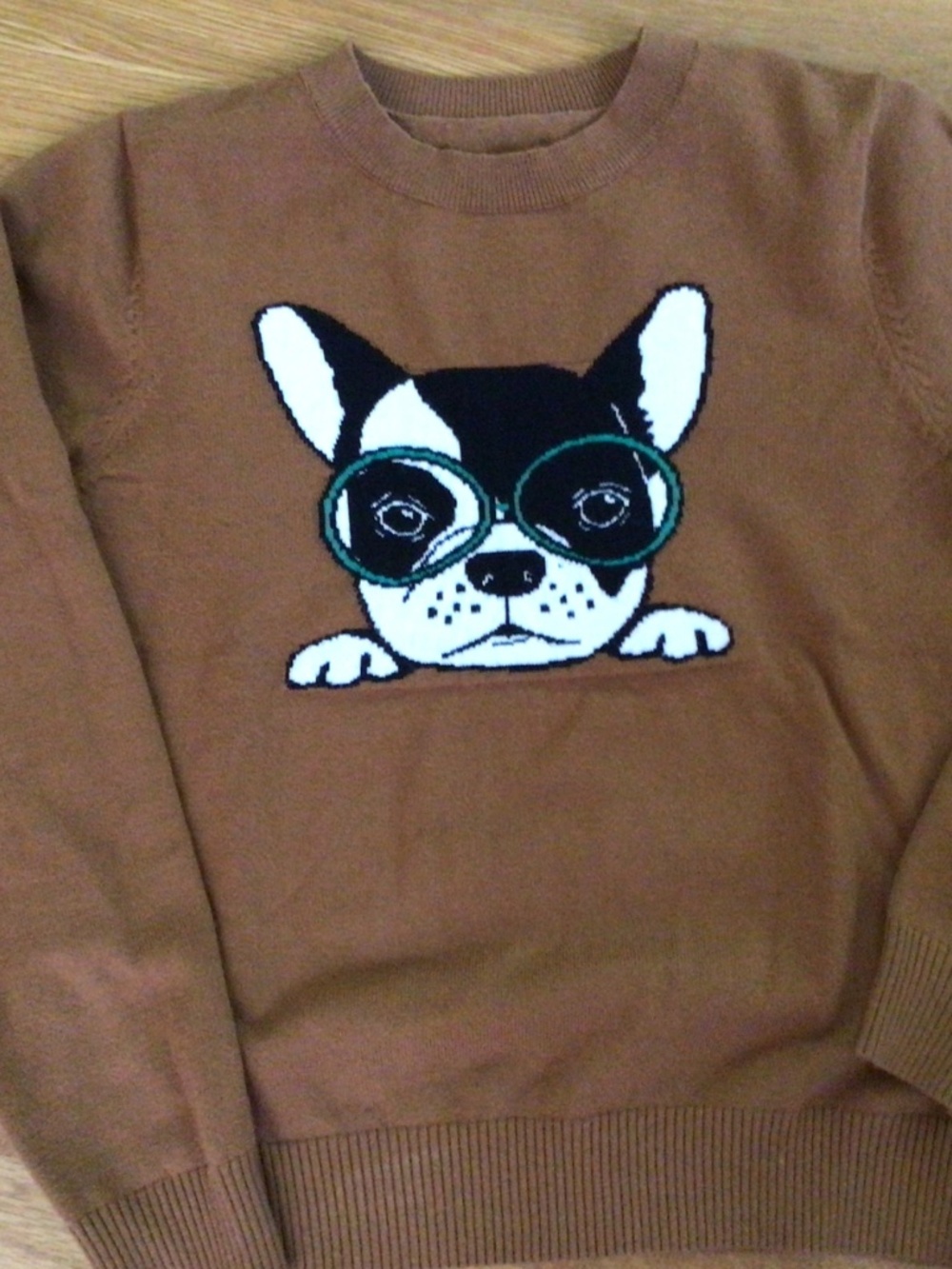 Caramel colored sweater with knitted in French Bulldog face. M/L sizing. - Picture 3 of 3